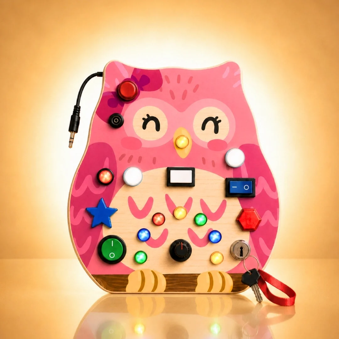 Pink Owly board with sleepy closed eyes and a hair bow